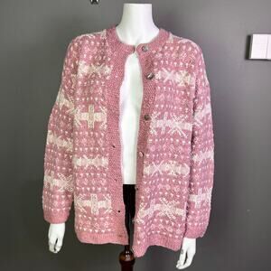 Vintage Fair Isle Sweater Medium Cardigan Country pink Whimsical Hand Knit Long